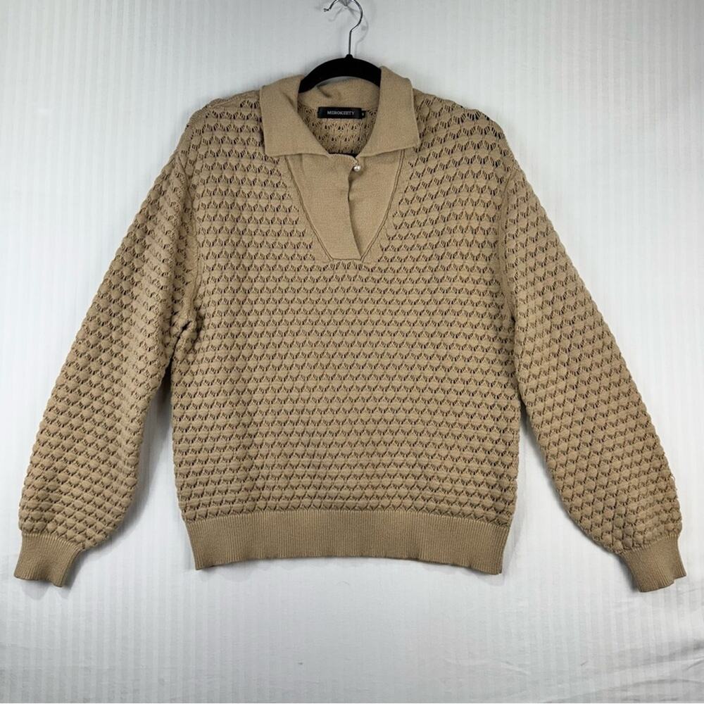 Merokeety V-Neck Foldover Collar Oversized Beige Sweater Women’s Size Medium